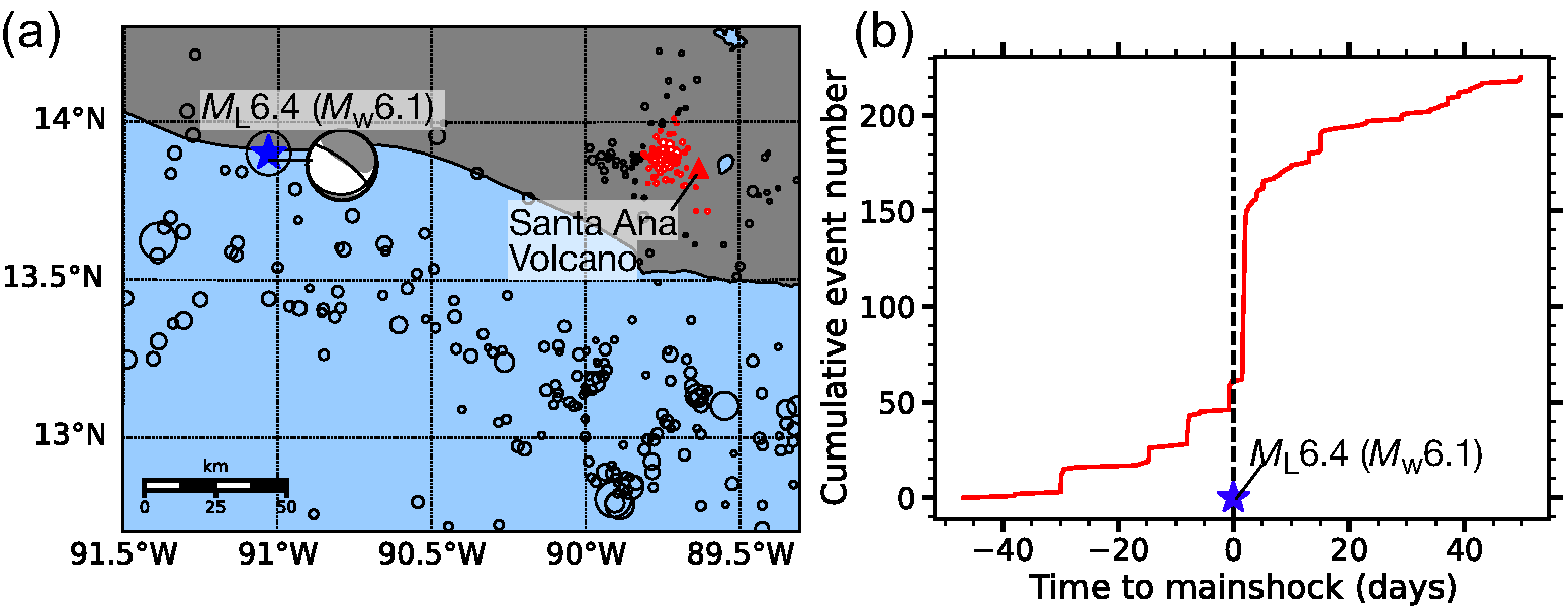 Map figure showing seismicity and Santa Ana Volcano monitoring region in western El Salvador